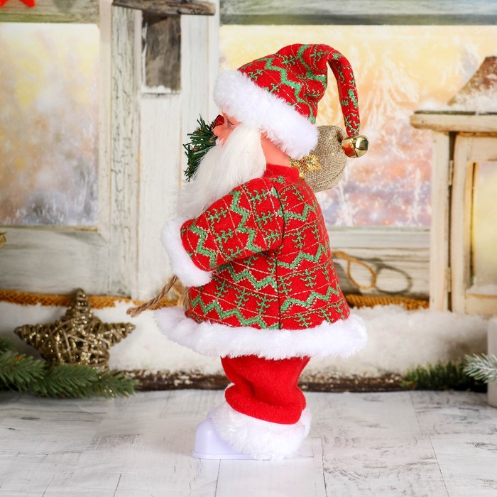 Дед Мороз "Клетчатый колпак с подарками" 28 см, без музыки, с подсветкой 
