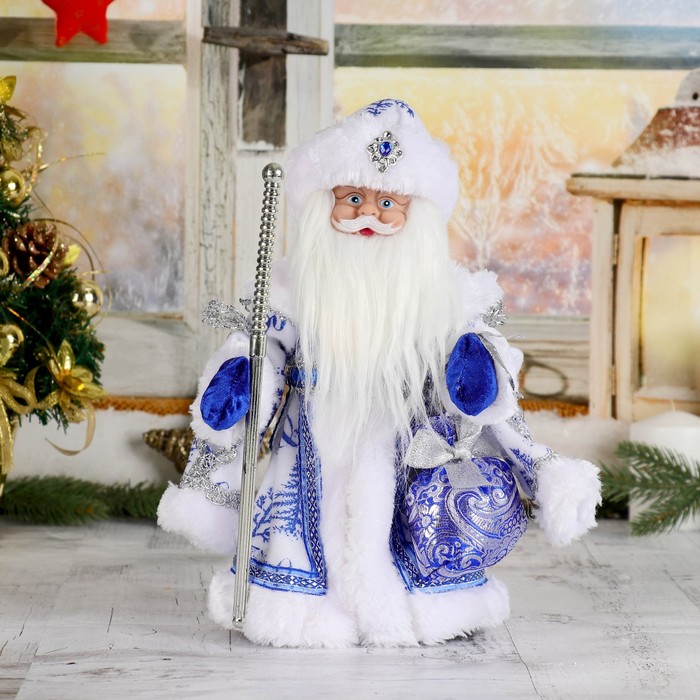 Дед Мороз "Шик", бело-синяя шуба, двигается, без музыки 