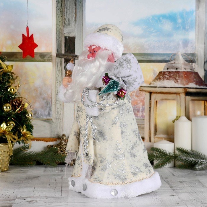 Дед Мороз "В белой шубке с подарками", 38 см, двигается, с подсветкой 