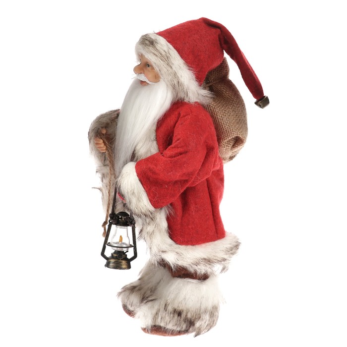 Дед Мороз в красной шубке с фонариком и мешочком 30 см 