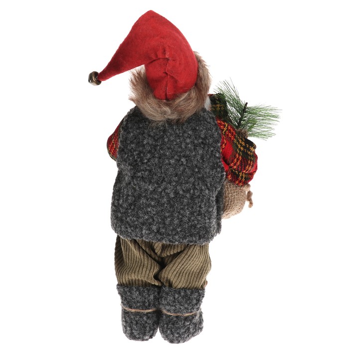 Дед Мороз в клетчатой шубке с фонариком и мешком 30 см 