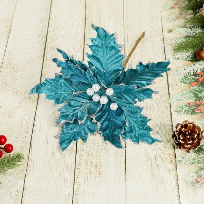 Декор "Зимний цветок" 23*19 см синий с жемчужинами 