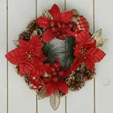Венок новогодний d-20 см с красными цветами и золотыми листьями 
