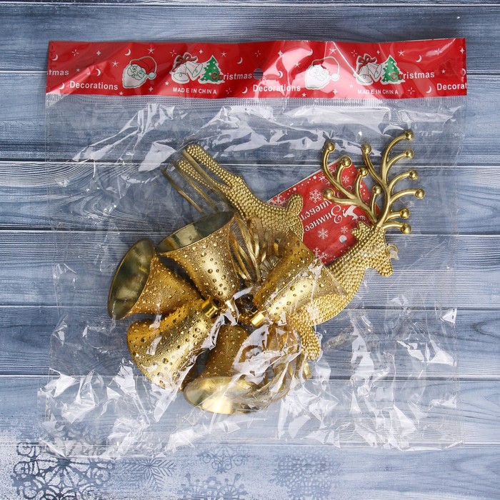 Украшение новогоднее "Колокольчик" олень, бант с цветком 13*31 см, золото 