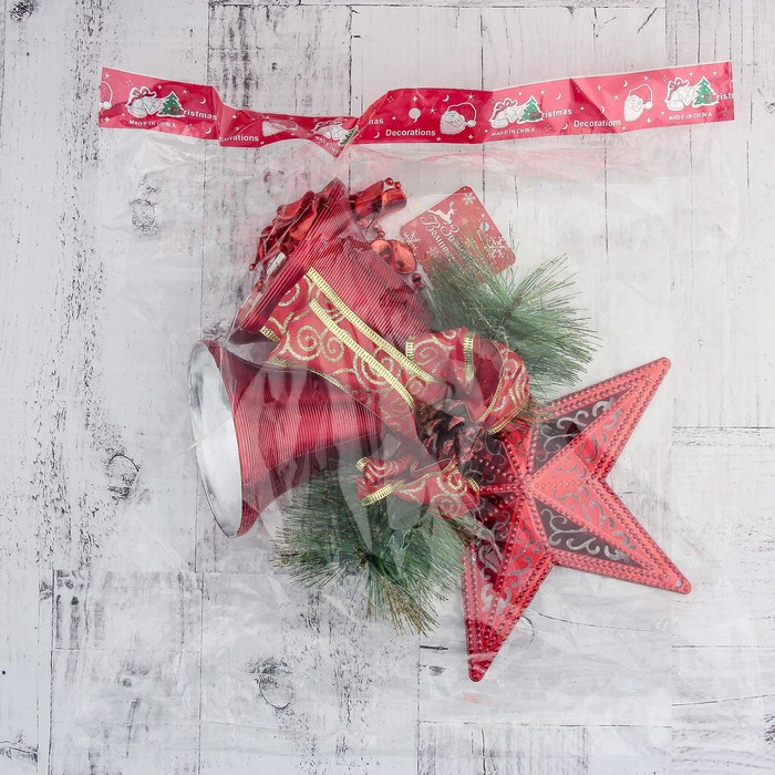 Украшение новогоднее "Колокольчик" звезда, шишка и бусы 20*43 см, красный 