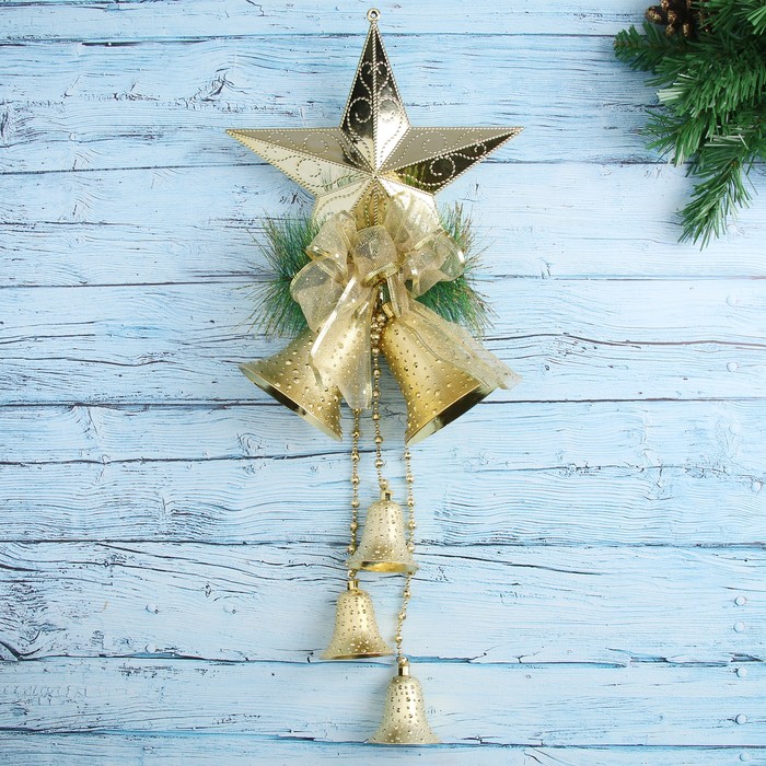 Украшение новогоднее "Звезда" колокольчики и бант 21*60 см, золото 