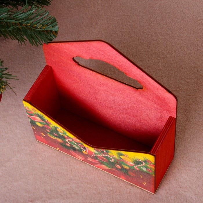 Кашпо флористическое "Конверт, Новогодний №4", деревянная ручка, красное, 20,5×18×6 см 