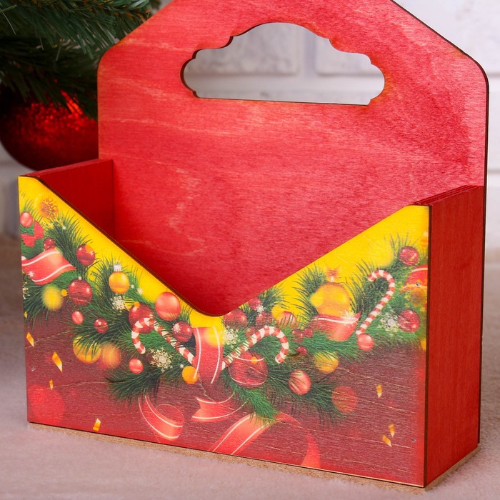 Кашпо флористическое "Конверт, Новогодний №4", деревянная ручка, красное, 20,5×18×6 см 