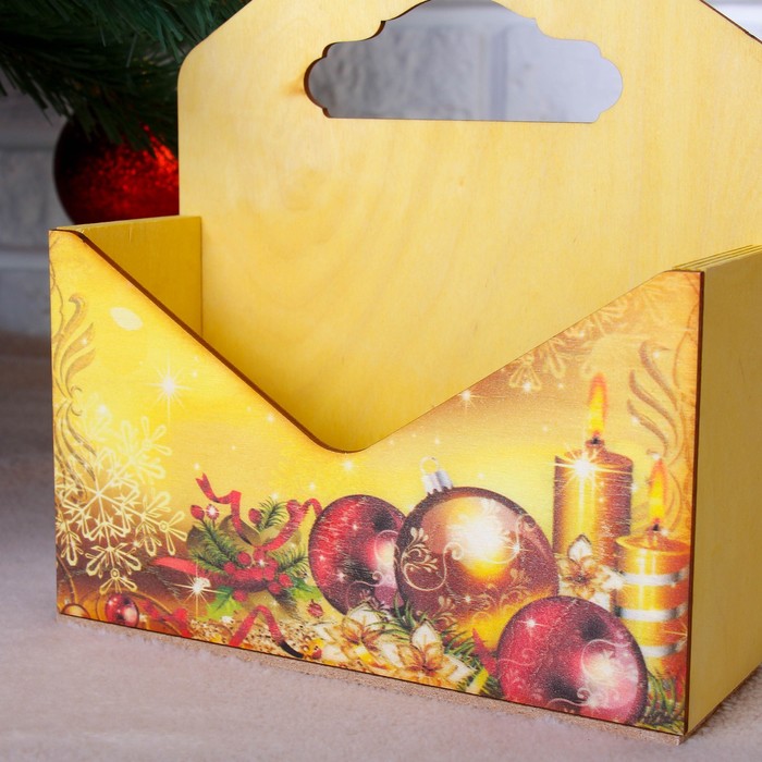 Кашпо флористическое "Конверт, Новогодний №3", деревянная ручка, жёлтое, 20,5×18×6 см 