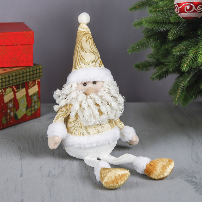 Мягкая игрушка "Дед Мороз - длинные ножки" сидит 35,5 см золото с белым 