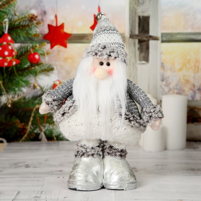 Мягкая игрушка "Дед Мороз в шубке" 19*55 см (в сложенном виде 37 см) серебро 