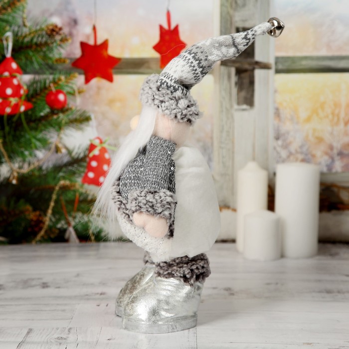 Мягкая игрушка "Дед Мороз в шубке" 19*55 см (в сложенном виде 37 см) серебро 