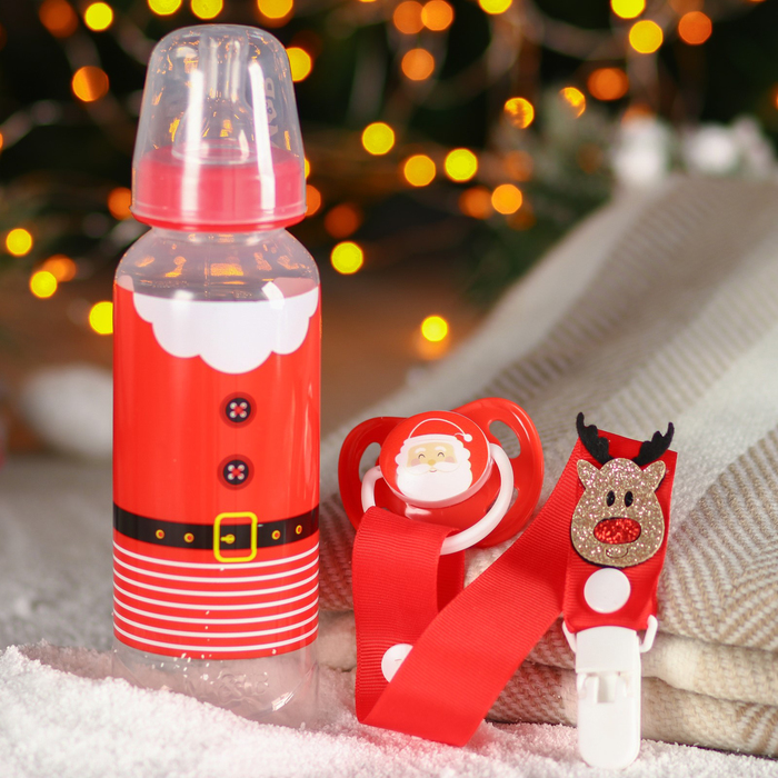 Подарочный набор детский "Дед Мороз": Бутылочка 250 мл, пустышка и держатель на ленте 