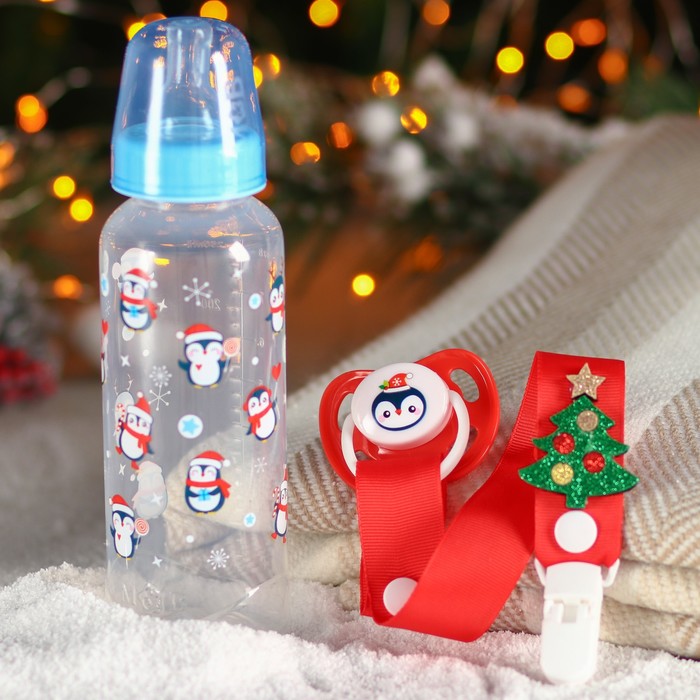 Подарочный набор детский "Пинвинята": Бутылочка 250 мл, пустышка и держатель на ленте 