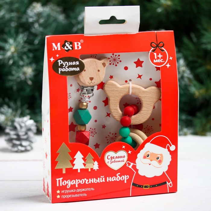 Подарочный набор "Дед мороз", 2 предмета: держатель для соски-пустышки и грызунок-прорезыватель 