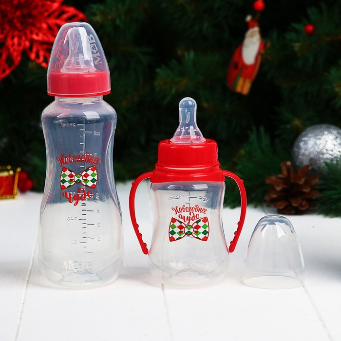 Новый год, подарочный детский набор «Новогоднее чудо»,2 предмета: бутылочки для кормления 150 и 250 мл, приталенные, от 0 мес. 