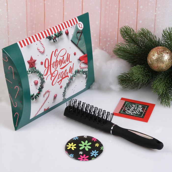 Подарочный набор «Новый год - Омбре», 3 предмета: зеркало, массажная расчёска, открытка, цвет МИКС 