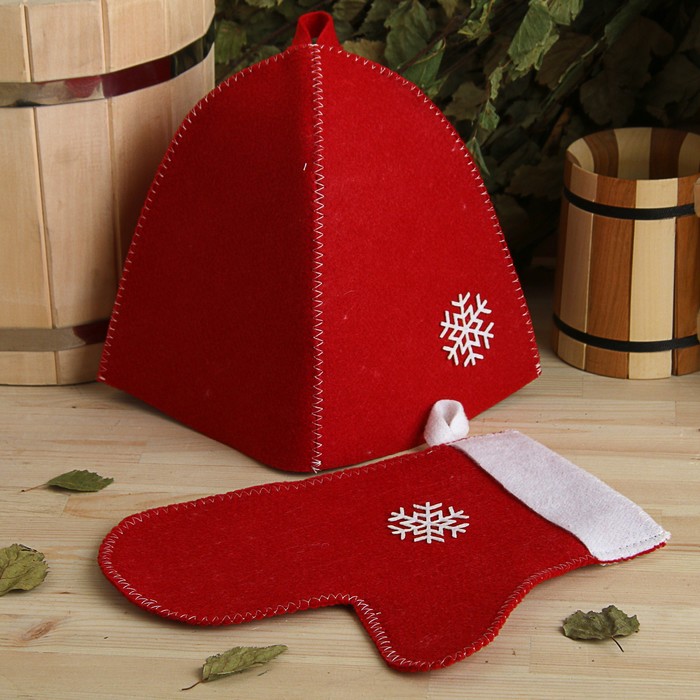 Набор банный подарочный "Попаримся по-новогоднему" (рукавица, шапка), войлок, красный 
