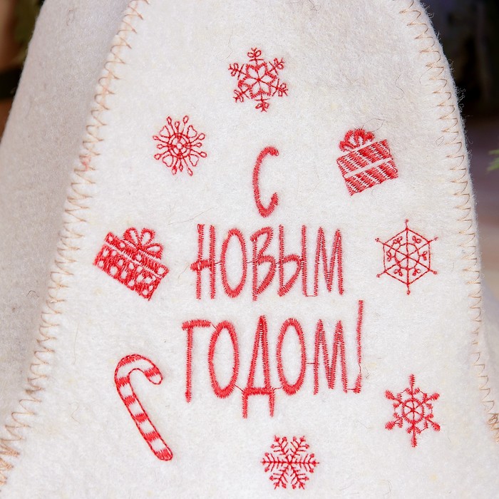 Набор банный "С Новым Годом, снежинки" ( шапка и коврик), войлок, белая 