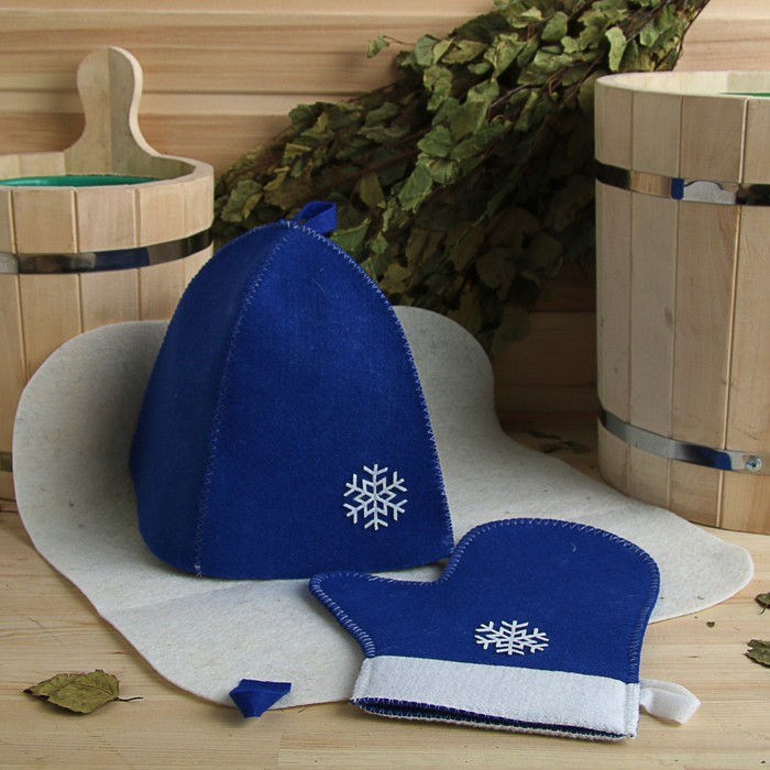 Набор банный подарочный "Зимушка" ( коврик, рукавица, шапка), войлок, синяя 