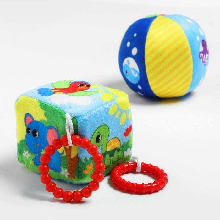 Набор игрушек, 2 предмета: развивающий мячик «Морской мир», кубик с прорезывателем «Африка» 