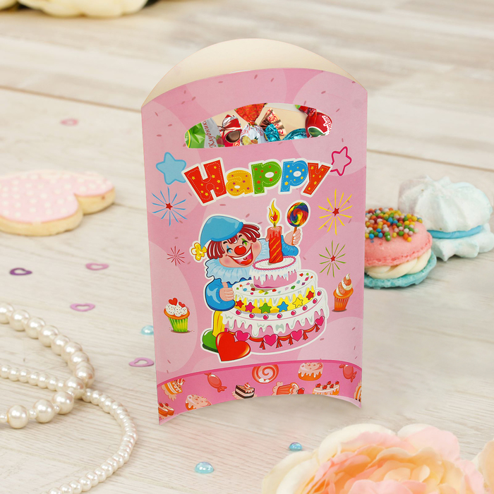Пакет подарочный 14*24 см "Клоун с тортом" розовый цвет (набор 6 шт) 