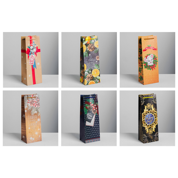 Набор пакетов крафт под бутылку «Счастья в Новом году!», 13 × 36 × 10 см. 6 шт. 