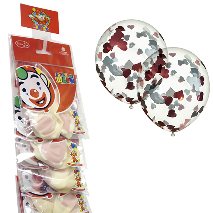 Шар латексный на стрип-ленте 12" "Прозрачный с конфетти", красные сердечки из фольги, набор 2 шт. 