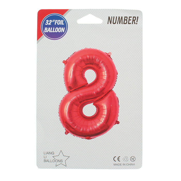 Шар фольгированный 32", цифра 8, индивидуальная упаковка, цвет красный 