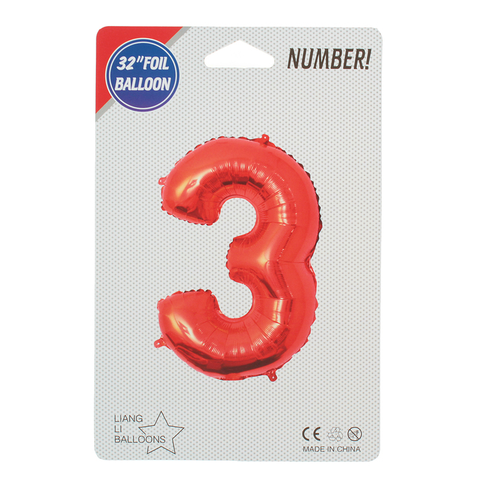 Шар фольгированный 32" Цифра 3, индивидуальная упаковка, цвет красный 