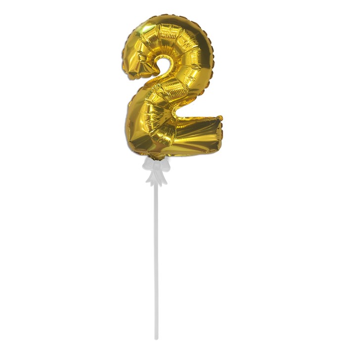 Шар-самодув 6" "Цифра 2" с палочкой, индивидуальная упаковка, цвет золотой 