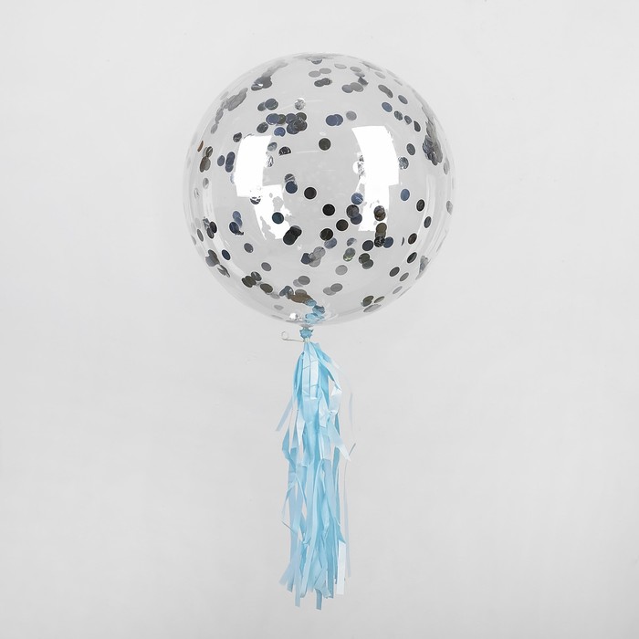 Шар полимерный 20" "Сфера", круги, конфетти, с бумажным голубым хвостиком, цвет серебро 