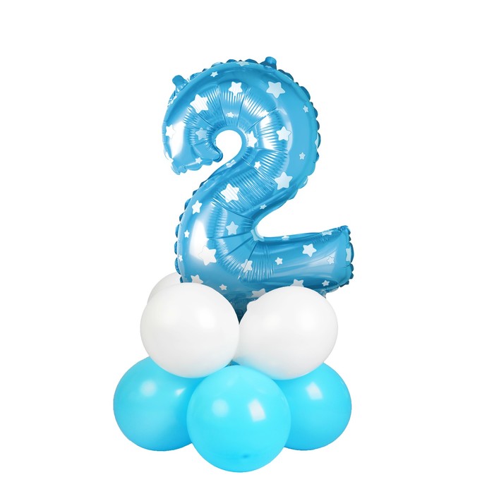 Букет из шаров "2", цифра, фольга, латекс, набор 9 шт, цвет голубой, звёзды 