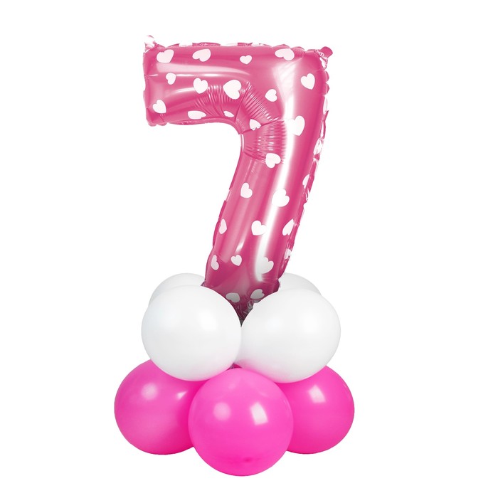 Букет из шаров "7", цифра, фольга, латекс, набор 9 шт, цвет розовый, сердце 
