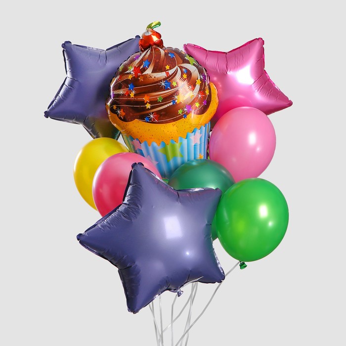 Букет из шаров "С днем рождения, торт с вишенкой", латекс, фольга, набор 11 шт. 