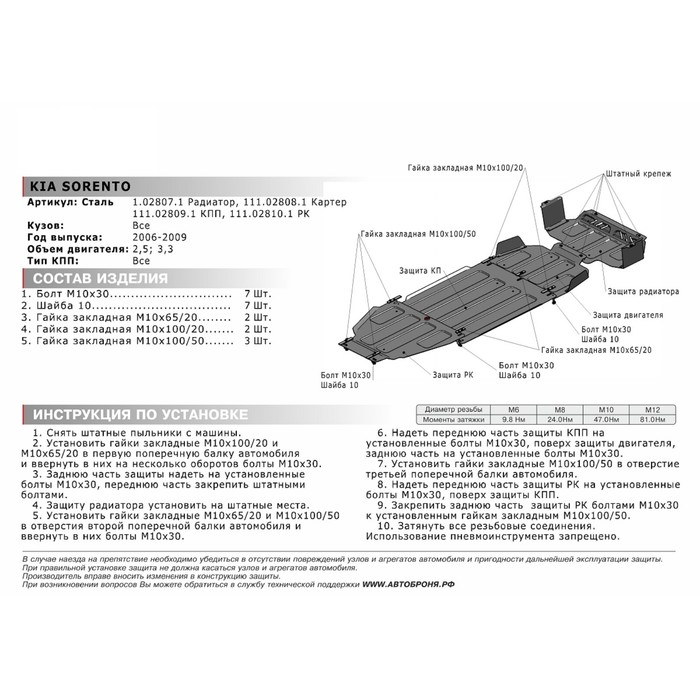 Защита РК АвтоБРОНЯ для Kia Sorento (V - 2.5d; 3.3) 2006-2009, сталь 2 мм, с крепежом, 111.02810.1 