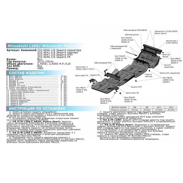 Защита КПП Rival для Mitsubishi L200 (V - 2.4d; 2.4d H.P.) 2015-, крепеж в комплекте, алюминий 4 мм 