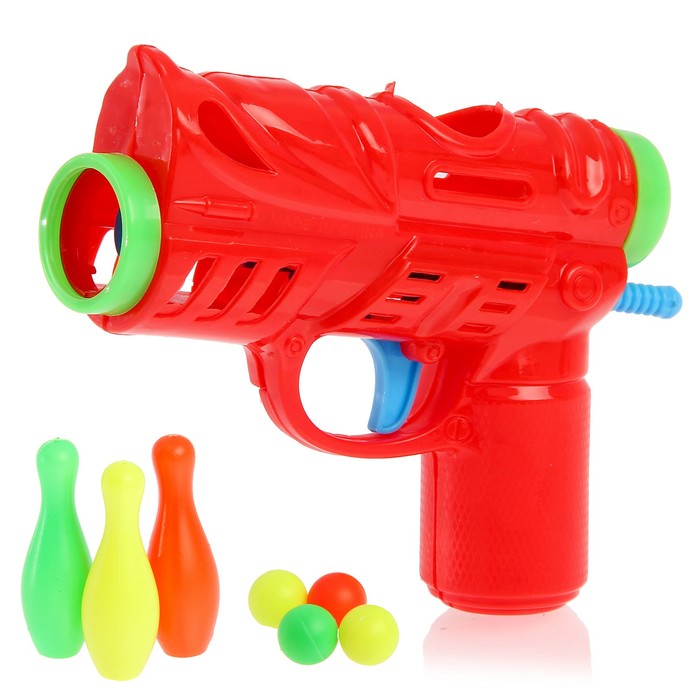 Пистолет «Весёлый боулинг», с кеглями, стреляет шариками, цвета МИКС 