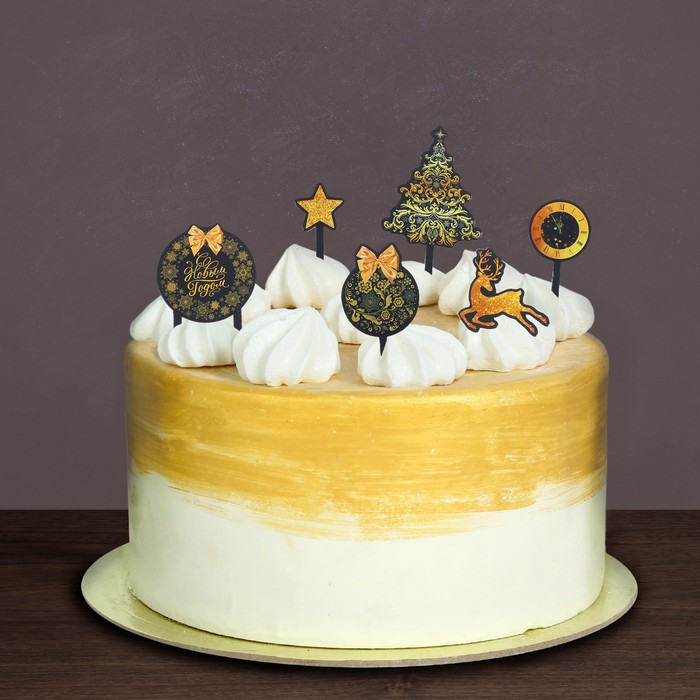 Украшения для торта "С Новым годом", олень, набор: 6 топперов + декор 