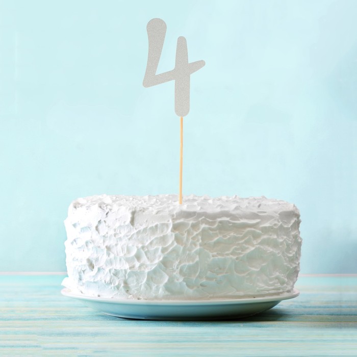 Топпер в торт "4" цвет серебро, набор 6 штук 