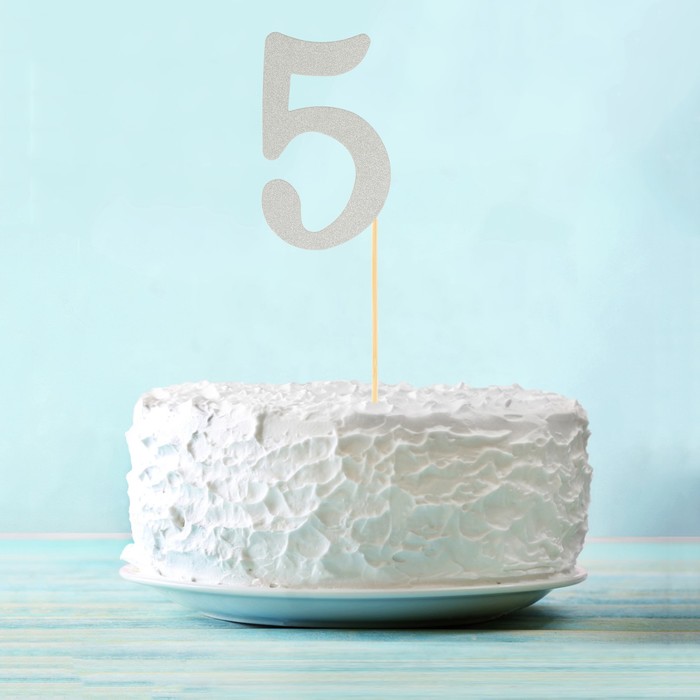 Топпер в торт "5" цвет серебро, набор 6 штук 