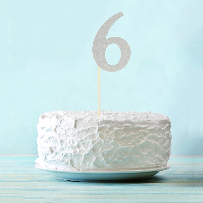 Топпер в торт "6" цвет серебро, набор 6 штук 