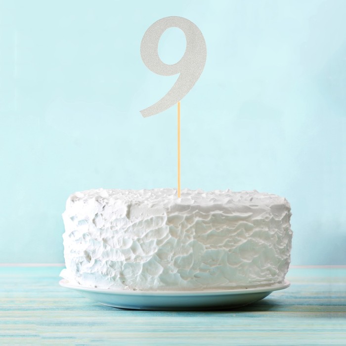 Топпер в торт "9" цвет серебро, набор 6 штук 