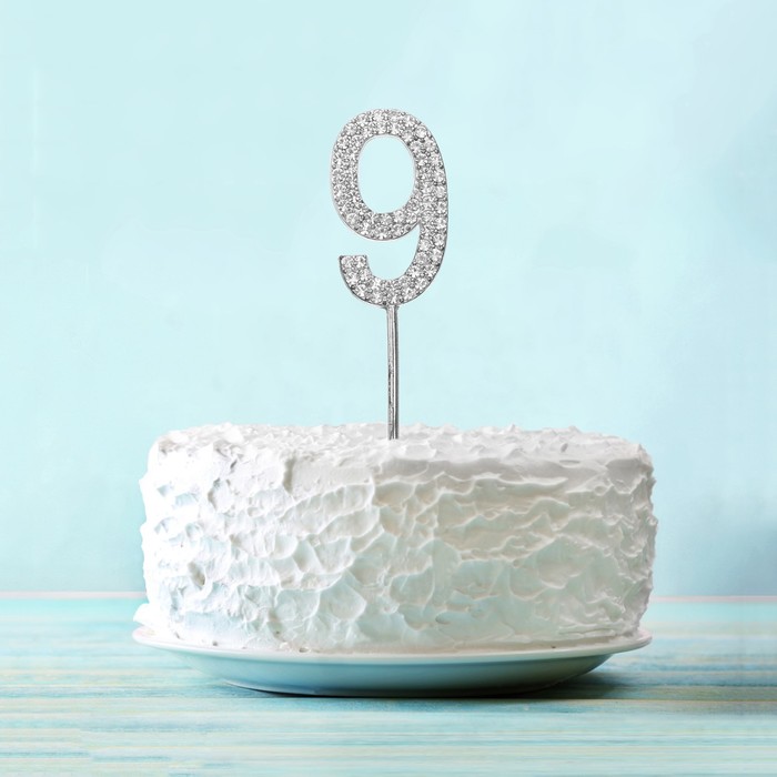 Топпер для торта "9" со стразами, цвет серебро 