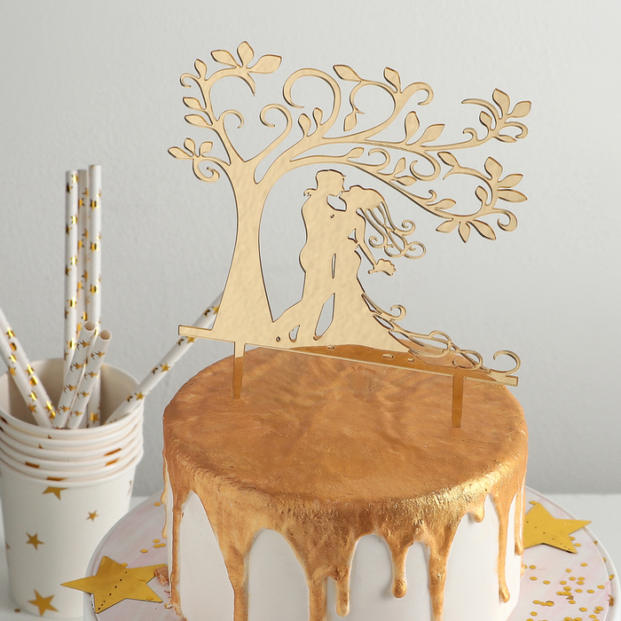 Топпер на торт 13,5×15 "Свадьба в саду", цвет золото 