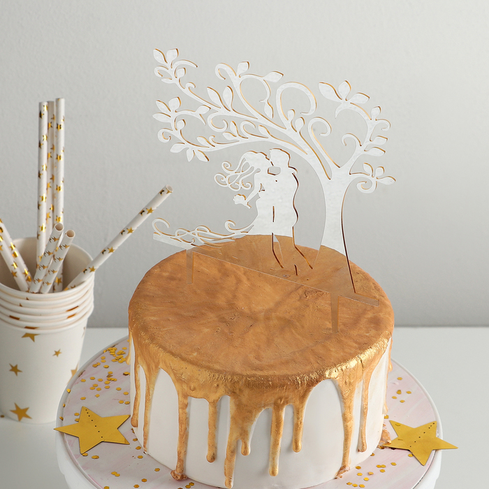 Топпер на торт 13,5×15 "Свадьба в саду", цвет золото 