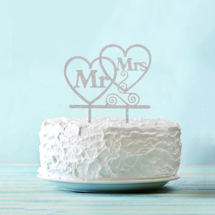 Топпер в торт Mr & Mrs,  цвет серебро 