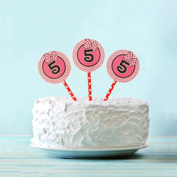 Украшение для торта "5" в горошек (набор 6 шт) цвета МИКС 