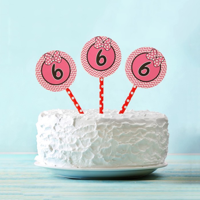 Украшение для торта "6" розовый цвет (набор 6 шт) 