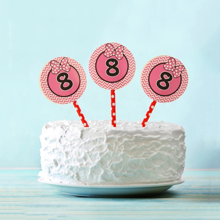 Украшение для торта "8" розовый цвет (набор 6 шт) 
